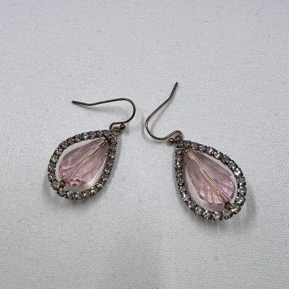 Blush Color Large Faceted Teardrop and Rhinestone 1.25” Gold Tone Earrings - Picture 3 of 5